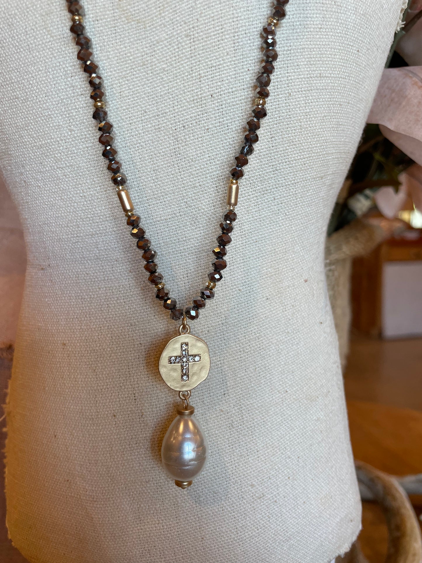 Hematite Necklace with Cross and Pearl - JM2