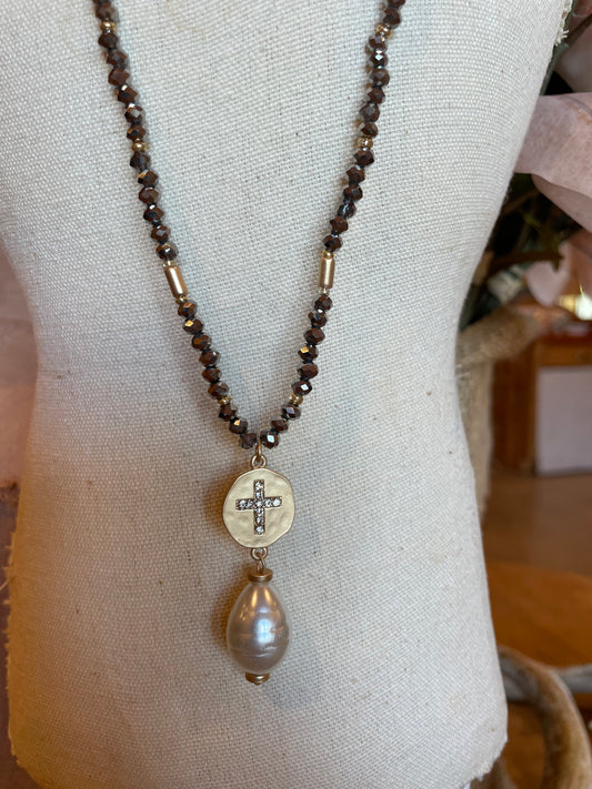 Hematite Necklace with Cross and Pearl - JM2