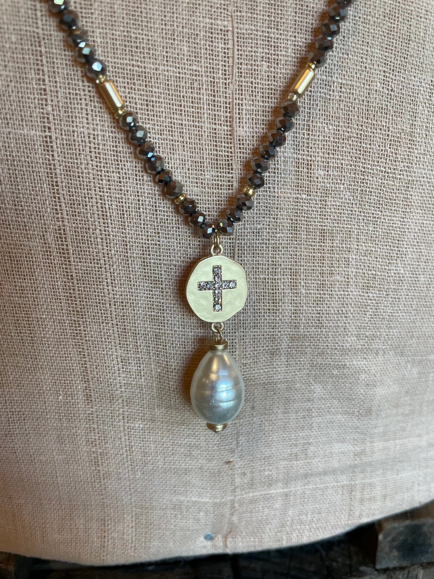 Hematite Necklace with Cross and Pearl - JM2