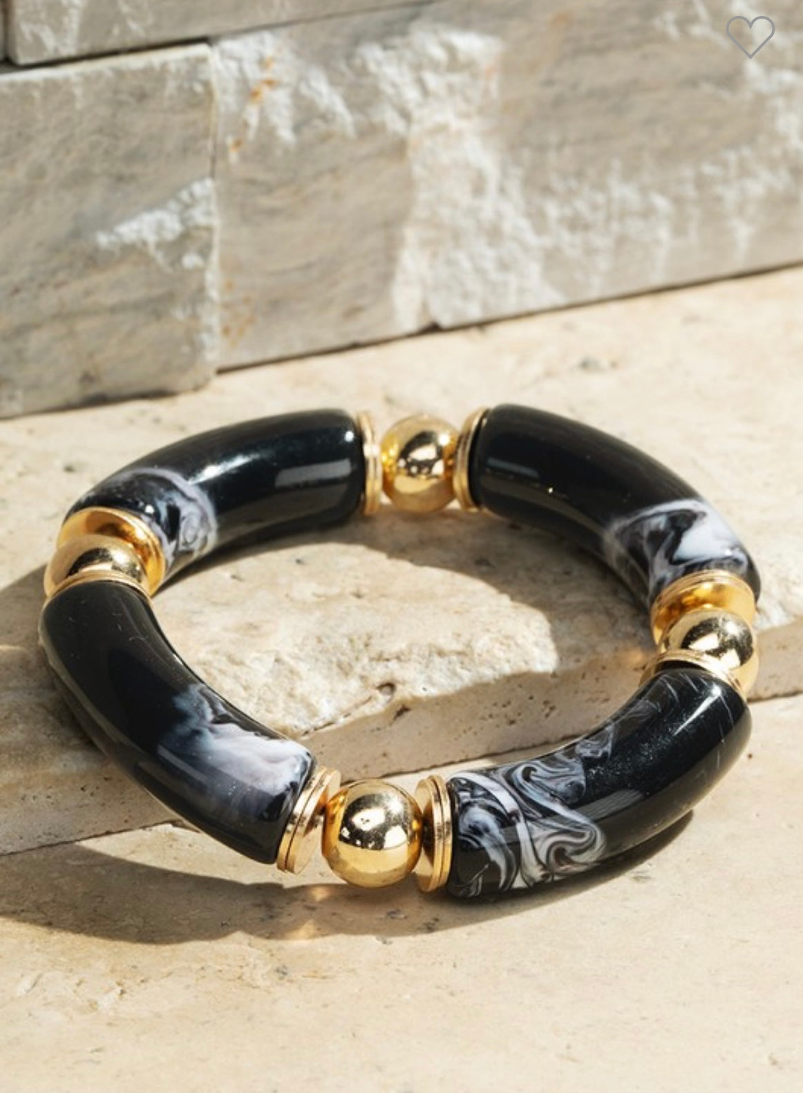 Black Marbled Bar Bead Stretch Bracelet