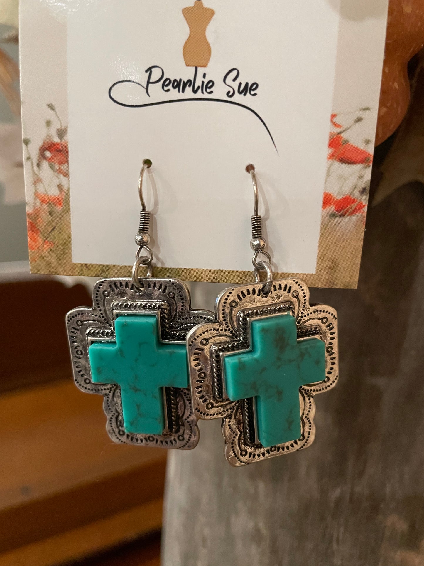 Silver and Turquoise Cross Earrings