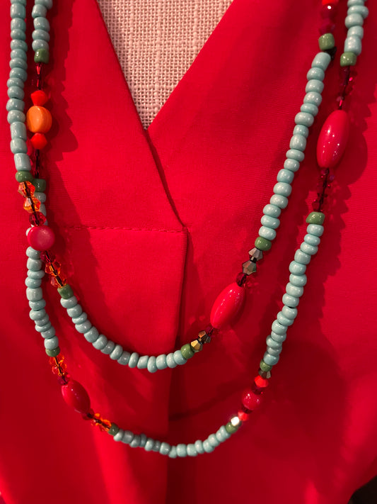 Long Stranded Turquoise/Red Glass Beads
