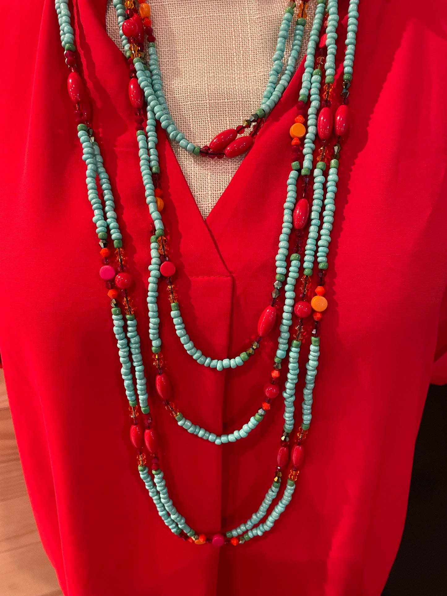 Long Stranded Turquoise/Red Glass Beads