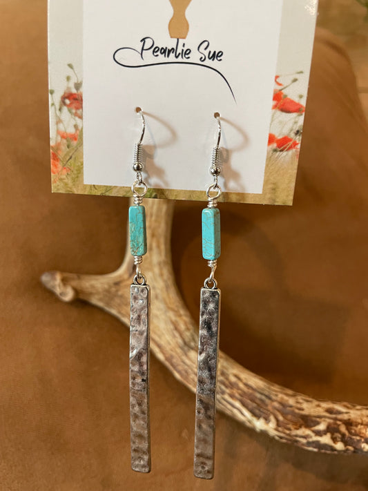 Hammered Silver Bar and Turquoise Earrings