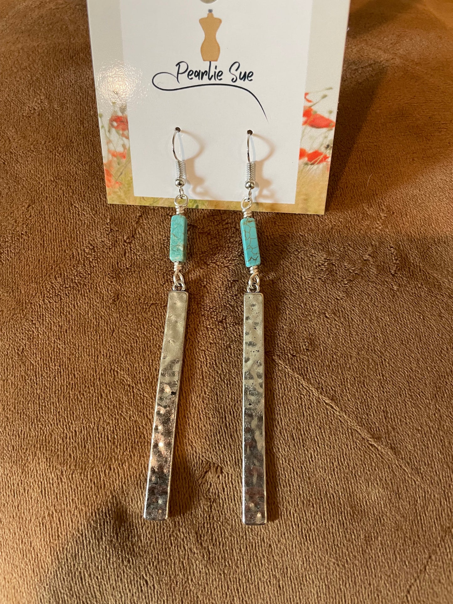 Hammered Silver Bar and Turquoise Earrings