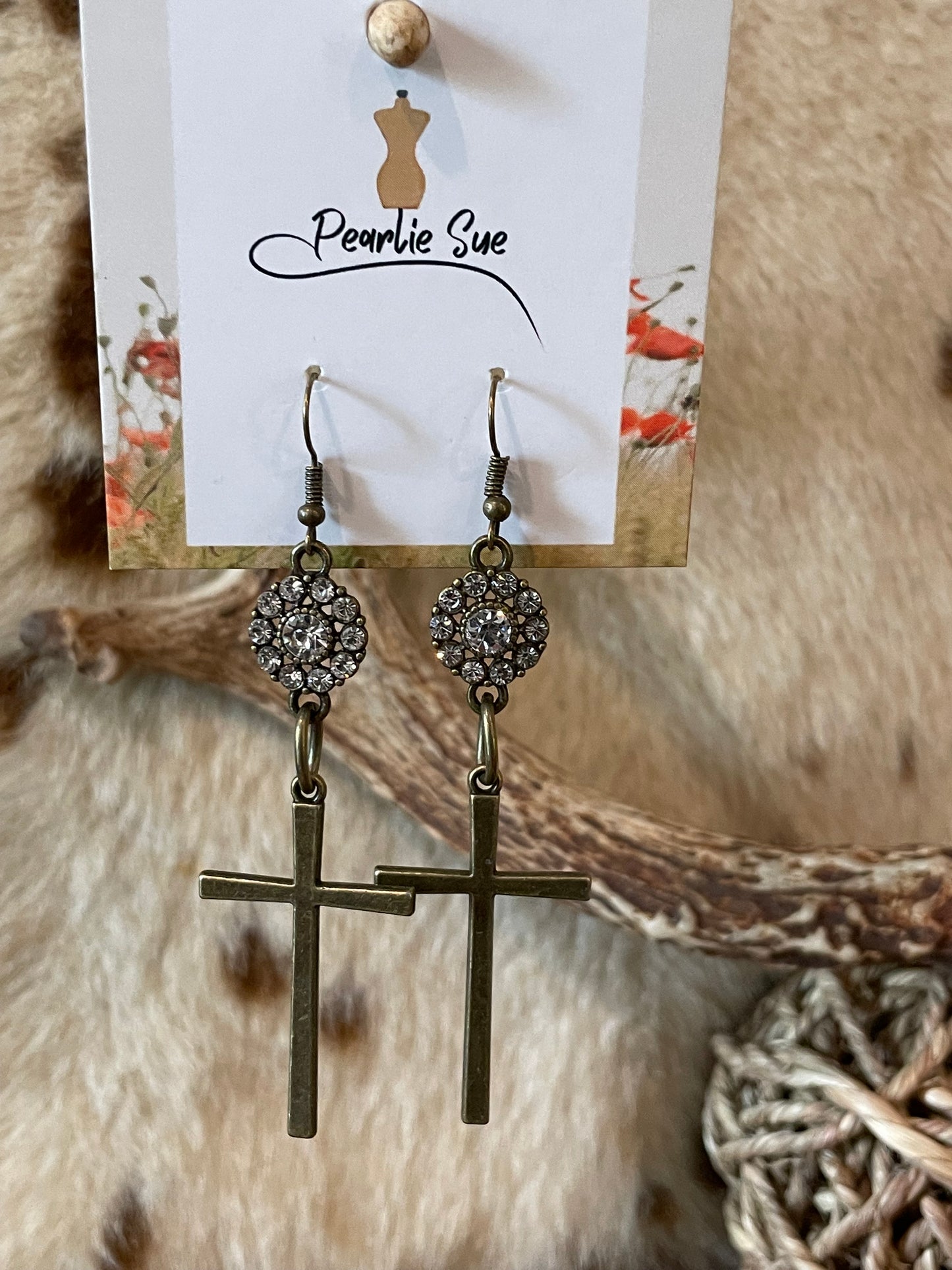 Antique Gold Cross and Rhinestone Charm Earrings