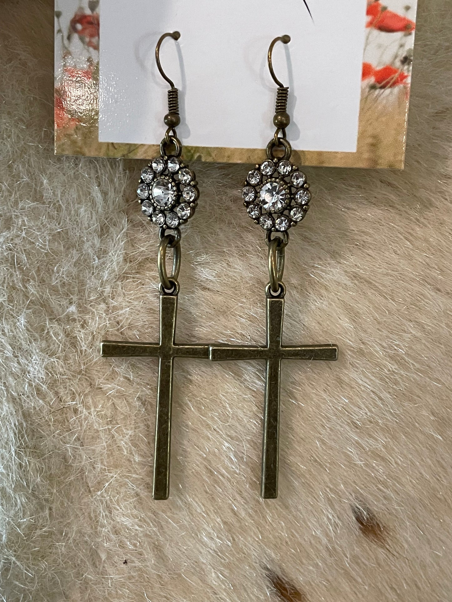 Antique Gold Cross and Rhinestone Charm Earrings