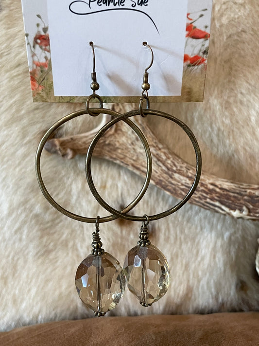 Large Amber Stone and Bronze Hoop Earrings