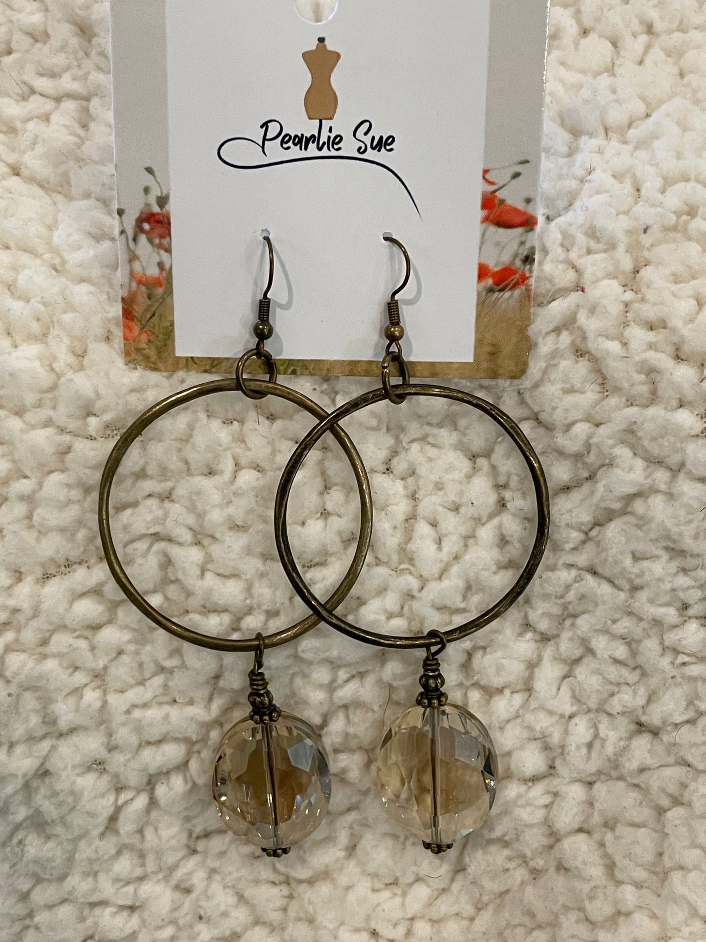 Large Amber Stone and Bronze Hoop Earrings