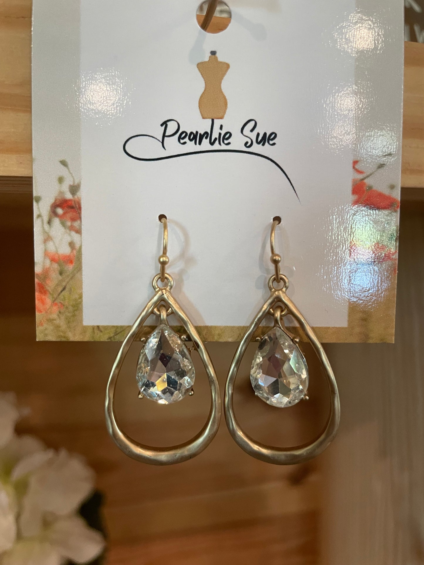 Matte Gold Tear Drop/Crystal Earrings