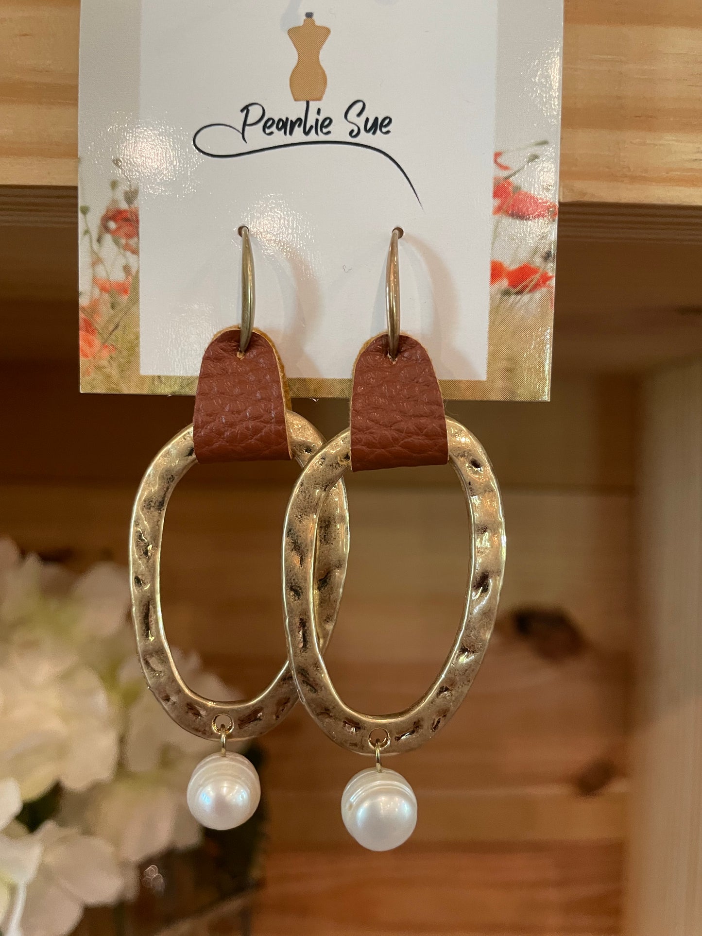 Gold Hammered Oval/Leather/Pearl Drop Earrings