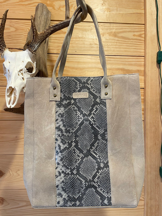 Beige Suede Tote with Gray Snakeprint